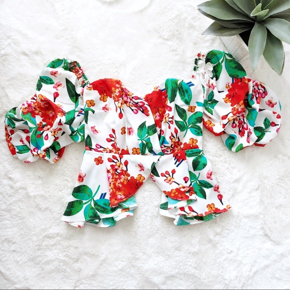 NWT Lulumari Floral Puff Sleeve Off Shoulder Top - Picture 6 of 8